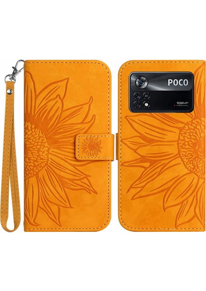 Xiaomi Poco X4 Pro 5g HT04 Cilt Touch Pu Deri Deri Anti Dalgalı Kapak Baskılı Ayçiçeği Stand Strap-Sarı ile Cüzdan Telefon Kılıfı (Yurt Dışından)
