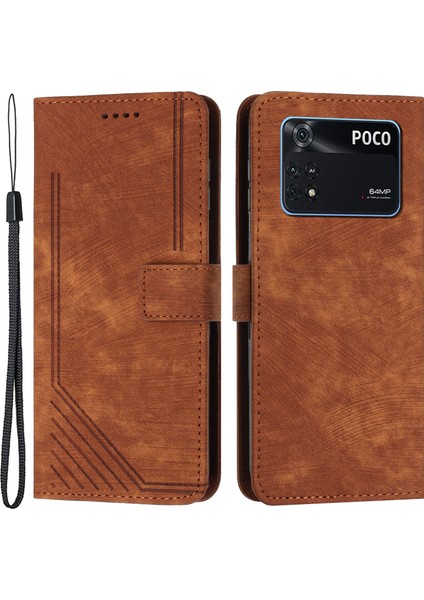 Xiaomi Için Poco M4 Pro 4g Çizgileri Baskılı Telefon Kılıfı Cilt Touch Deri Cüzdan Stand-Brown ile Telefon Kapağı (Yurt Dışından)