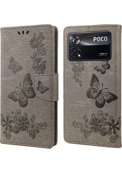 Xiaomi Poco X4 Pro 5g Pu Deri Kelebek Çiçeği Baskılı Stand Flip Cover Tpu Iç Kabuk Şok Geçirmez Koruyucu Cüzdan Telefon Kılıfı Kayış-Grey (Yurt Dışından)