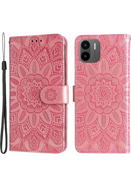 Xiaomi Için Redmi A1 4g/a2 4g Ayçiçeği Baskılı Pu Deri Cüzdan Kılıfı Katlanabilir Stand Tam Vücut Koruma Kapağı El Kayış Pembe (Yurt Dışından)