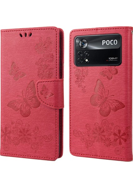 Xiaomi Poco X4 Pro 5g Pu Deri Kelebek Çiçeği Baskılı Stand Flip Cover Tpu Iç Kabuk Şok Geçirmez Koruyucu Cüzdan Telefon Kılıfı Kayış-Kırmızı ile (Yurt Dışından)