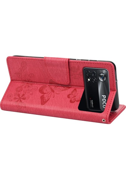 Xiaomi Poco X4 Pro 5g Pu Deri Kelebek Çiçeği Baskılı Stand Flip Cover Tpu Iç Kabuk Şok Geçirmez Koruyucu Cüzdan Telefon Kılıfı Kayış-Kırmızı ile (Yurt Dışından) fırsatları
