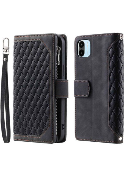 Xiaomi Redmi A1 4g Için Şok Geçirmez Telefon Kılıfı, Stil Manyetik Çanta Rhombus Baskılı Fermuar Cep Flip Deri Deri Cüzdan Stand Kapağı Bilek Kayış Black (Yurt Dışından)