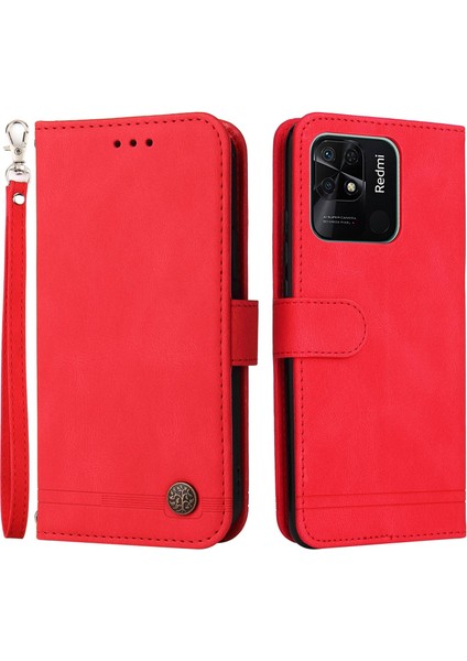 Xiaomi Için Redmi 10C/REDMI 10 (Hindistan) Ağaç Deseni Metal Düğmesi Deri Telefon Kılıfı Stand Cüzdan Kapağı Strap-Red ile (Yurt Dışından)