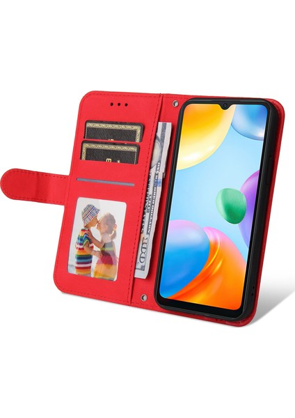 Xiaomi Için Redmi 10C/REDMI 10 (Hindistan) Ağaç Deseni Metal Düğmesi Deri Telefon Kılıfı Stand Cüzdan Kapağı Strap-Red ile (Yurt Dışından)