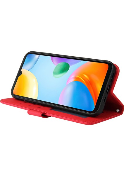 Xiaomi Için Redmi 10C/REDMI 10 (Hindistan) Ağaç Deseni Metal Düğmesi Deri Telefon Kılıfı Stand Cüzdan Kapağı Strap-Red ile (Yurt Dışından)