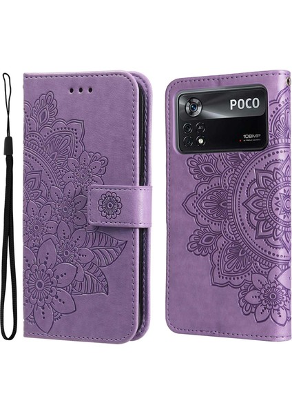 Xiaomi Poco X4 Pro 5g Çizgiye Karşı Çizgi Anti-Fall Çiçek Baskı Deri Deri Telefon Stand Kılıfı Kılıf Kılıfı Kılıf Light Mor (Yurt Dışından)