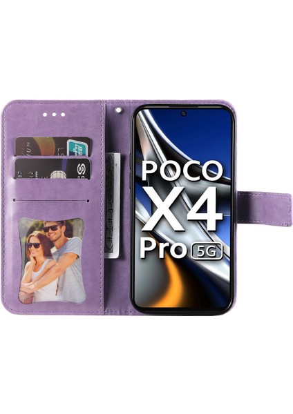 Xiaomi Poco X4 Pro 5g Çizgiye Karşı Çizgi Anti-Fall Çiçek Baskı Deri Deri Telefon Stand Kılıfı Kılıf Kılıfı Kılıf Light Mor (Yurt Dışından) modelleri