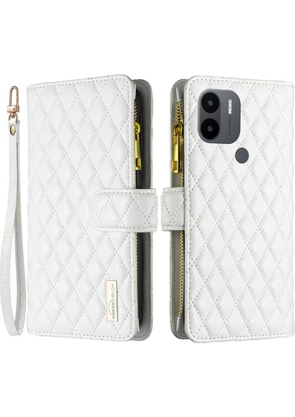 Xiaomi Için Redmi A1 4g/a2 4g/a1+ 4g/a2+ 4g/poco C50 4g Pu Deri Fermuarı Cep Telefon Kılıfı Baskılı Rhombus Desen Cüzdan Stand Kapağı Strap-White (Yurt Dışından)