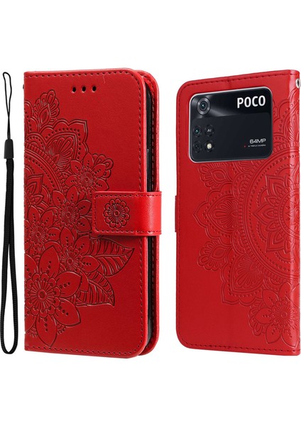 Xiaomi Poco M4 Için Pro Shockproof Damgalı Çiçek Baskı Deri Deri Telefon Stand Kılıfı Strap-Red ile (Yurt Dışından)