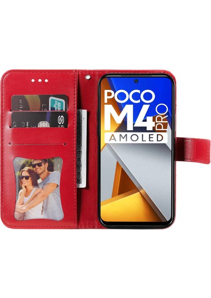 Xiaomi Poco M4 Için Pro Shockproof Damgalı Çiçek Baskı Deri Deri Telefon Stand Kılıfı Strap-Red ile (Yurt Dışından)