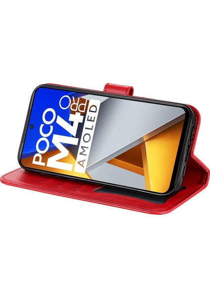 Xiaomi Poco M4 Için Pro Shockproof Damgalı Çiçek Baskı Deri Deri Telefon Stand Kılıfı Strap-Red ile (Yurt Dışından)