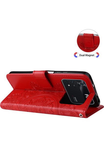 Xiaomi Poco M4 Için Pro Shockproof Damgalı Çiçek Baskı Deri Deri Telefon Stand Kılıfı Strap-Red ile (Yurt Dışından)