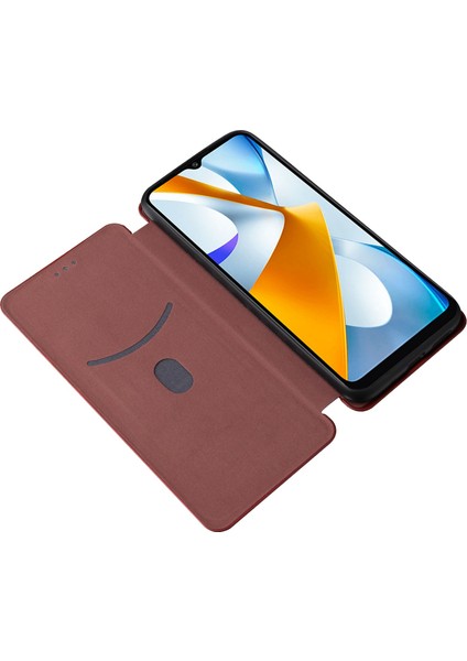 Xiaomi Poco C40 4g Anti-Çizelge Karbon Fiber Doku Akıllı Telefon Kılıfı Pu Deri Manyetik Otomatik Emzik Stand Kart Tutucu Telefon Kabuk-Brown (Yurt Dışından)