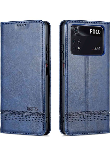 Xiaomi Için Poco M4 Pro 4g Pu Deri Folio Kapak Stand Gizli Manyetik Adsorpsiyon Tam Koruma Cüzdan Flip Case-Blue (Yurt Dışından)