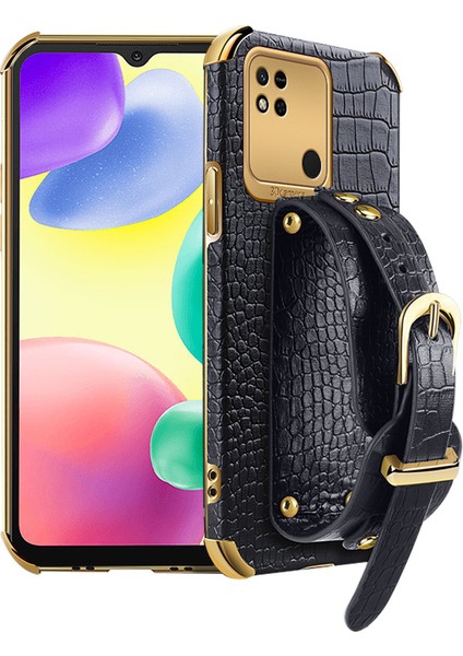 Xiaomi Için Redmi 10A Elektrapılaşma Timsah Doku Telefon Kılıf Anti-Çizelge Koruyucu Cep Telefonu Kapağı Hassas Kesim Pu Deri Kaplamalı Tpu Kabuklu El Kayışı Kickstand-Black (Yurt Dışından)