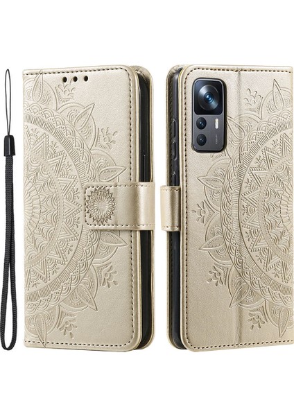 Xiaomi 12T 5g/redmi K50 Ultra 5G/12T Pro 5g Mandala Çiçek Deseni Baskılı Katlanır Stand Pu Deri Kılıf Tpu Iç Kabuk Cüzdan Flip Kapak Strap-Gold (Yurt Dışından)