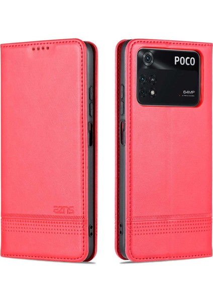 Xiaomi Poco M4 Pro 4g Pu Deri Folio Kapak Stand Gizli Manyetik Adsorpsiyon Tam Koruma Cüzdan Flip Case-Red (Yurt Dışından)