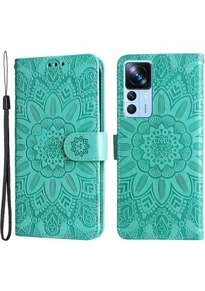 Xiaomi 12T 5g/redmi K50 Ultra 5G/12T Pro 5g Pu Deri Ayçiçeği Baskılı Stand Telefon Kılıfı Manyetik Kapak El Strap-Yeşili (Yurt Dışından)