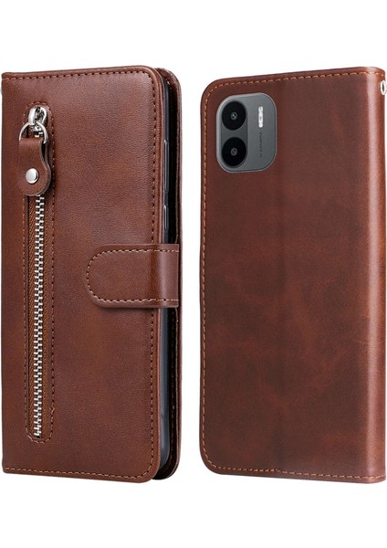 Xiaomi Için Redmi A1 4g/a2 4g Pu Deri Fermuar Cep Stand Telefon Kılıf Buzağı Dokusu Tam Koruma Cüzdan Iç Tpu Kapak-Kahverengi (Yurt Dışından)