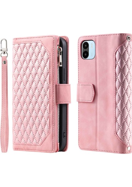 Xiaomi Redmi A1 4g Için Şok Geçirmez Telefon Kılıfı, Stil Manyetik Çanta Rhombus Baskılı Fermuar Cep Flip Deri Deri Cüzdan Stand Kapağı Bilek Kayış Rose Altın (Yurt Dışından)