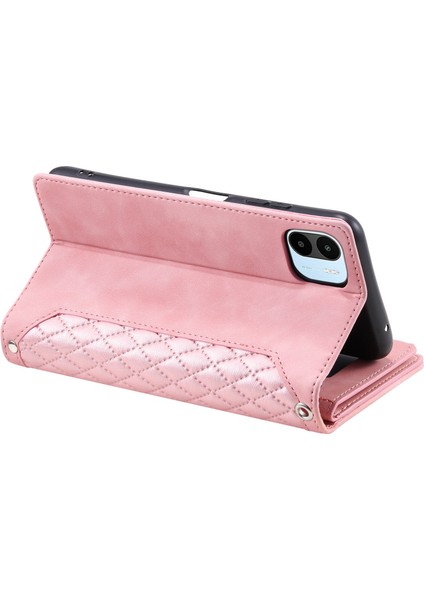 Xiaomi Redmi A1 4g Için Şok Geçirmez Telefon Kılıfı, Stil Manyetik Çanta Rhombus Baskılı Fermuar Cep Flip Deri Deri Cüzdan Stand Kapağı Bilek Kayış Rose Altın (Yurt Dışından) indirimleri