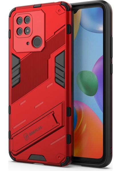 Xiaomi Redmi Için 10C Kickstand Telefon Kasası Sert Pc Yumuşak Tpu Sert Çift Katman Koruması Telefon Kapak-Kırmızı (Yurt Dışından)