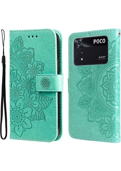 Xiaomi Poco M4 Için Pro Shockproof Damgalı Çiçek Baskı Deri Deri Telefon Stand Kılıfı Strap-Yeşil (Yurt Dışından)