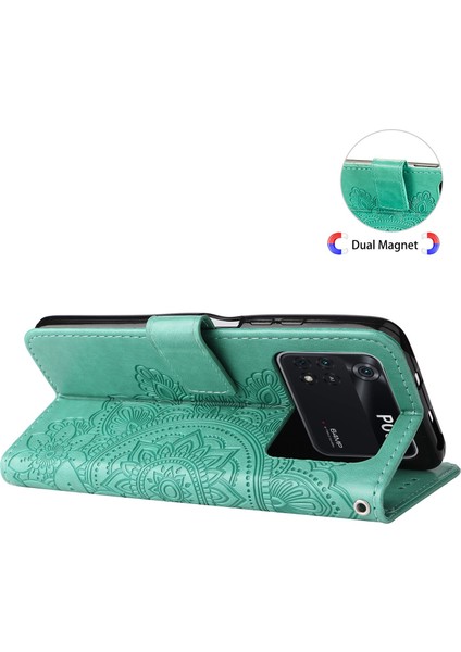 Xiaomi Poco M4 Için Pro Shockproof Damgalı Çiçek Baskı Deri Deri Telefon Stand Kılıfı Strap-Yeşil (Yurt Dışından) indirimleri