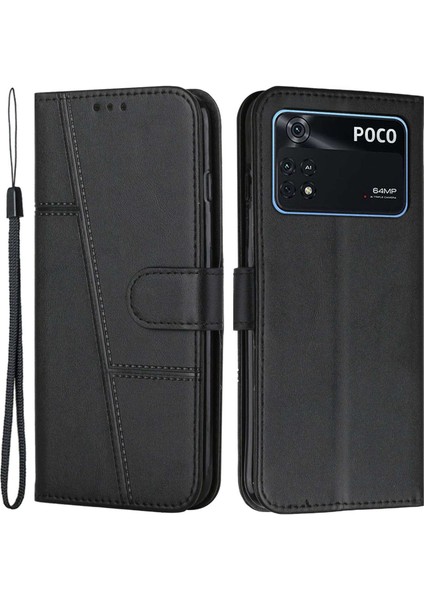Xiaomi Için Poco M4 Pro Telefon Kartı Tutucu Kılıf Cüzdanı Manyetik Pu Deri+Yumuşak Tpu Ince Dikişli Telefon Kapağı Strap-Black (Yurt Dışından)