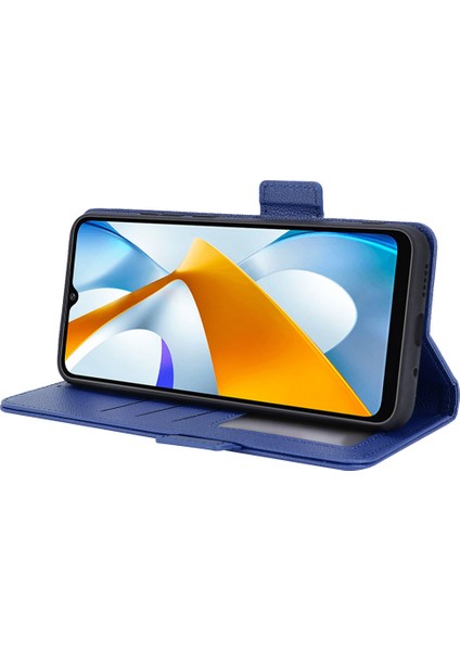 Xiaomi Poco C40 4g Için Koruyucu Telefon Kapağı, Manyetik Toka Folio Flip Cüzdan Kılıfı Pu Deri Litchi Doku Kabuk-Karanlık Mavi (Yurt Dışından)
