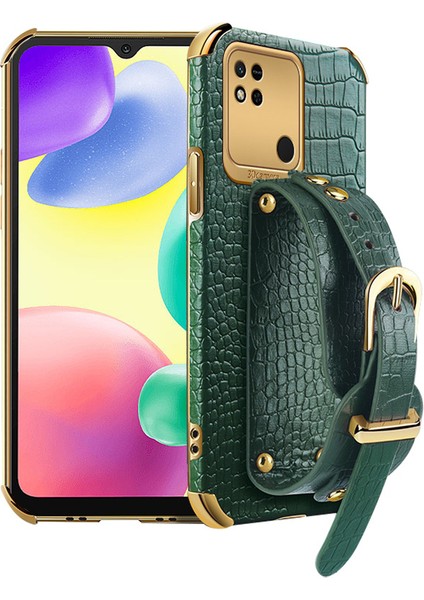Xiaomi Için Redmi 10A Elektrapılaşma Timsah Doku Telefon Kılıf Anti-Çizelge Koruyucu Cep Telefonu Kapağı Kesin Kesim Pu Deri Kaplamalı Tpu Kabuğu El Strap Kickstand-Yeşil (Yurt Dışından)