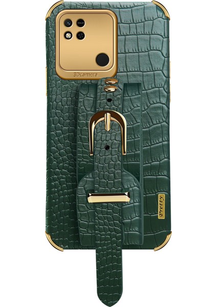Xiaomi Için Redmi 10A Elektrapılaşma Timsah Doku Telefon Kılıf Anti-Çizelge Koruyucu Cep Telefonu Kapağı Kesin Kesim Pu Deri Kaplamalı Tpu Kabuğu El Strap Kickstand-Yeşil (Yurt Dışından) modelleri