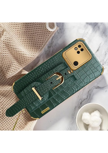 Xiaomi Için Redmi 10A Elektrapılaşma Timsah Doku Telefon Kılıf Anti-Çizelge Koruyucu Cep Telefonu Kapağı Kesin Kesim Pu Deri Kaplamalı Tpu Kabuğu El Strap Kickstand-Yeşil (Yurt Dışından) indirimleri