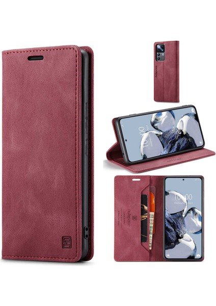 Xiaomi 12T 5G/12T Pro 5g/redmi K50 Ultra 5g Rfıd Engelleme Cüzdan Telefon Kılıfı Retro Doku Pu Deri Stand Manyetik Emilim Mat Kapak-Kırmızı (Yurt Dışından)