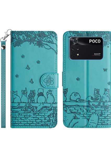 Duvar Kedileri Xiaomi Poco M4 Pro 4g Stand Pu Deri Cüzdan Kapağı Kayış Mavisi ile Basılmış Telefon Kasası (Yurt Dışından)