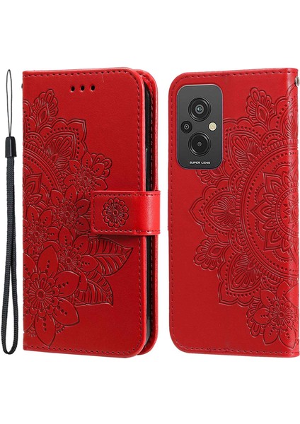 Xiaomi Redmi Için 11 Prime 4g Çiçek Baskı Pu Deri Kılıf Manyetik Toka Stand Cüzdan Şok Geçirmez Telefon Kapağı Kayış Kırmızısı (Yurt Dışından)