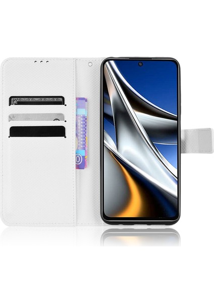 Xiaomi Poco X4 Pro 5g Manyetik Kapatma Flip Deri Cüzdan Kılıfı Stand Fonksiyonu Elmas Doku Kapağı Strap-White (Yurt Dışından)