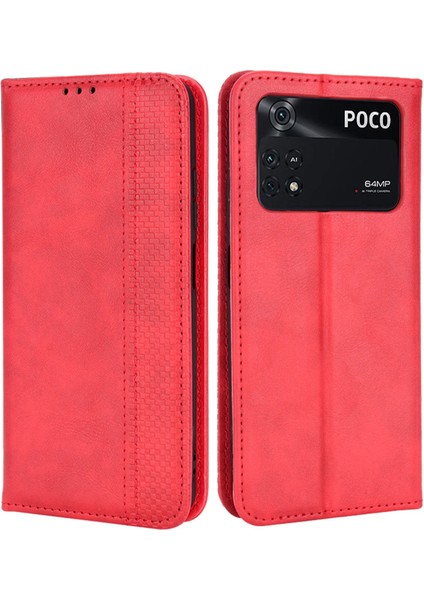 Xiaomi Için Poco M4 Pro 4g Güçlü Manyetik Eşya Retro Deri Cüzdan Kılıf Mozaik Basılı Stand Şok Geçirmez Telefon Kapak-Kırmızı (Yurt Dışından)