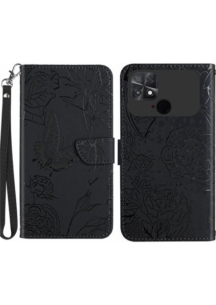 Xiaomi Için Poco C40 4g Kelebek Çiçekleri Baskıda Baskı Telefon Kılıfı Anti-Chock Cilt Touch Pu Deri Stand Cüzdan Kabuğu Strap-Black (Yurt Dışından)