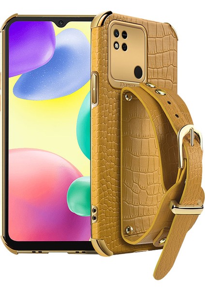 Xiaomi Için Redmi 10A Elektrapılaşma Timsah Doku Telefon Kılıf Anti-Çizelge Koruyucu Cep Telefonu Kapağı Hassas Kesim Pu Deri Kaplamalı Tpu Kabuğu El Kayışı Kickstand-Sarı (Yurt Dışından)