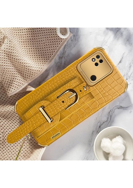 Xiaomi Için Redmi 10A Elektrapılaşma Timsah Doku Telefon Kılıf Anti-Çizelge Koruyucu Cep Telefonu Kapağı Hassas Kesim Pu Deri Kaplamalı Tpu Kabuğu El Kayışı Kickstand-Sarı (Yurt Dışından) fırsatları