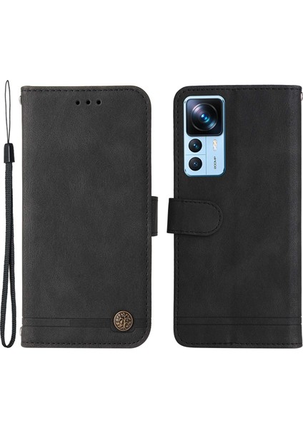 Xiaomi 12T 5g/redmi K50 Ultra 5G/12T Pro 5g Ağaç Desen Metal Düğmesi Telefon Kapak Çizgileri Baskılı Cilt Doku Pu Deri Cüzdan Stand Kılıfı Kayış-Black (Yurt Dışından)