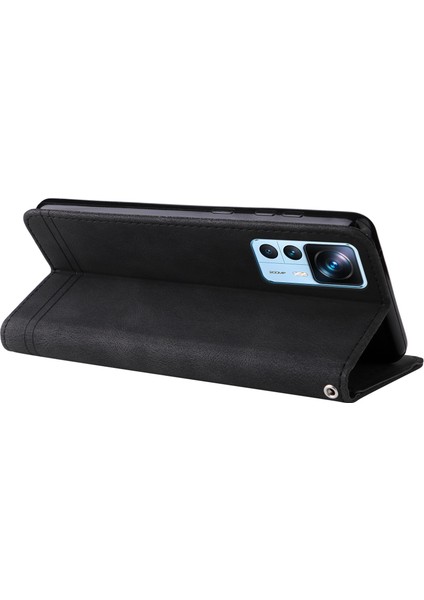 Xiaomi 12T 5g/redmi K50 Ultra 5G/12T Pro 5g Ağaç Desen Metal Düğmesi Telefon Kapak Çizgileri Baskılı Cilt Doku Pu Deri Cüzdan Stand Kılıfı Kayış-Black (Yurt Dışından) fırsatları