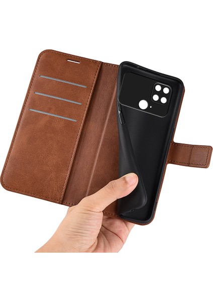 Xiaomi Için Poco C40 4g Pu Deri Telefon Kılıf Buzağı Doku Standı Cüzdan Manyetik Flip Telefon Kapak Işık Kahverengi (Yurt Dışından)