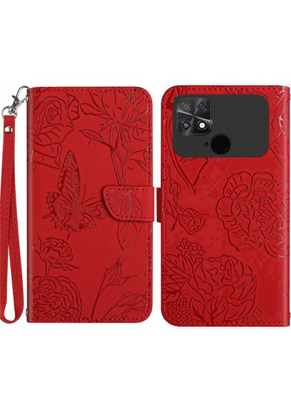 Xiaomi Için Poco C40 4g Kelebek Çiçekleri Baskıda Baskı Telefon Kılıfı Anti-Chock Cilt Dokunma Pu Deri Stand Cüzdan Kabuğu Kayış-Kırmızısı (Yurt Dışından)