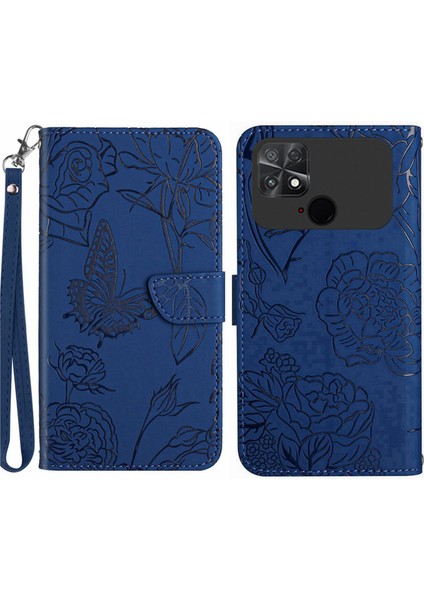 Xiaomi Için Poco C40 4g Kelebek Çiçekleri Baskıda Baskı Telefon Kılıf Anti-Chock Cilt Touch Pu Deri Stand Cüzdan Kabuğu Strap-Mavi (Yurt Dışından)