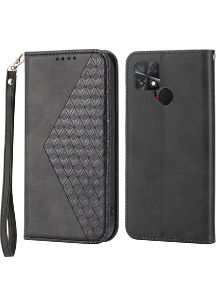 Xiaomi Için Poco C40 4g Baskılı Rhombus Desen Buzağı Doku Telefon Kılıfı Pu Deri Deri Cüzdan Stand Manyetik Kapanma Folio Flip Cover-Black (Yurt Dışından)