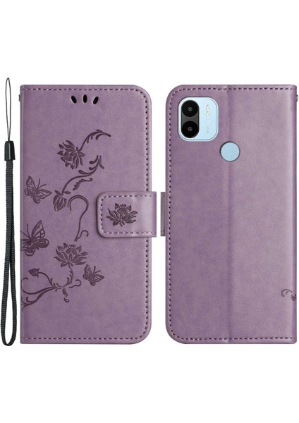 Xiaomi Için Redmi A1 4g/a2 4g Kelebek Çiçeği Baskılı Telefon Kılıfı Pu Deri+Tpu Anti-Çizelge Cüzdan Stand Kapak-Mor (Yurt Dışından)