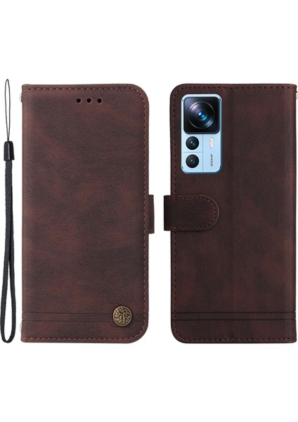 Xiaomi 12T 5g/redmi K50 Ultra 5G/12T Pro 5g Ağaç Desen Metal Düğmesi Telefon Kapak Çizgileri Baskılı Cilt Doku Deri Deri Cüzdan Stand Kılıfı Kayış-Brown (Yurt Dışından)